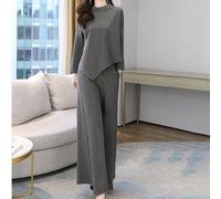 EffiFish Women's 2 Piece Outfit Irregular Hem Top and Bell Pants for Solid Long Sleeve Casual Set for Spring Autumn Vacation Daily Wear Grey(M Grey)