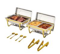 EffiQ-Rate 2 Pack Gold Chafing Dish Set, 9 QT Rectangular Chafing Dishes for Buffet with Lid and Foldable Stand, Stainless Steel Buffet Server Food Warmers for Parties, Weddings, Catering Events