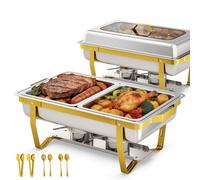 EffiQ-Rate 2 Pack Gold Chafing Dish Set with Clear Window, 9 QT Rectangular Chafing Dishes for Buffet with Foldable Stand, Stainless Steel Buffet Sever Food Warmers for Parties, Catering Events