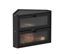 EffiQ-Rate 2 Tier Black Bread Bin, Large Bamboo Corner Bread Box with Window for Kitchen Countertop, 42 x 30 x 35 cm Wooden Food Storage Container for keeping Homemade Breads, Biscuit Fresh