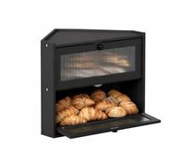 EffiQ-Rate 2 Tier Black Bread Bin, Large Bamboo Corner Bread Box with Window for Kitchen Countertop, 42 x 30 x 35 cm Wooden Food Storage Container for Keeping Homemade Breads, Biscuit Fresh