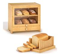 EffiQ-Rate 2 Tier Bread Bin with Cutting Board, Natural Bamboo Bread Box with Window for Kitchen Countertop, Large Wooden Bread bin Organizers for Storage of Homemade Breads, Fruits, Tea, Spices
