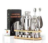 EffiQ-Rate 25 Pcs Cocktail Making Kit, Double Layer 700ml Stainless Steel Cocktail Shaker Set, Boston Bar Tool Set Bartender Kit with Bamboo Display Stand and Recipes for Drinks Mixing and Gift Giving