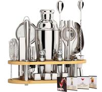 EffiQ-Rate 25 Pcs Cocktail Shaker Set with Bamboo Display Stand and Recipes | 700ml Boston Shaker, 304 Stainless Steel, Complete Barware Kit with Jigger, Strainers, Muddler and Ice Cubes for Drink Making