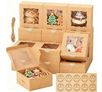 EffiQ-Rate 50 Pack Small Cupcake Boxes, 15 x 15 x 7.6 cm Kraft Bakery Carrier with Clear Window, Stickers and Jute Twine, Square Cardboard Box for Cakes, Donuts, Cookies, Chocolate Storage Displaying