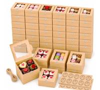 EffiQ-Rate 50 Pcs Small Cake Boxes with Clear Window, 15 x 15 x 7.6 cm Kraft Brown Cupcake Box with Stickers and Jute Twine, Cardboard Cookie Box for Cakes, Donuts, Chocolate Storage Displaying