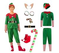 Effluvcy Elf Costume for Adults kids, Elf Costume Women Men Outfits Dress with Cosplay Santa's Helper Christmas Outfit Hat Shoes Ears Belt Socks Cosplay Holiday Party Full Set(Boys, 110)