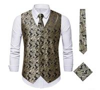 EfforPrac Men's Gold Paisley Waistcoat Sleeveless Suit Vest 3-Piece Set for | Polyester Cotton Printed Vest for royal Purple Groom Attire Casual Button Down Tank for top