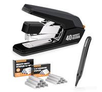 Effortless Heavy Duty Desktop Stapler, 40 Sheet Capacity, 1-Finger Press Stapling, Ergonomic & Easy to Load, Includes 2000 Staples and Magnetic Staple Remover, Black