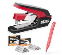 Effortless Heavy Duty Desktop Stapler, 40 Sheet Capacity, 1-Finger Press Stapling, Ergonomic & Easy to Load, Includes 2000 Staples and Magnetic Staple Remover, Red