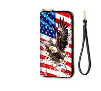 EFGWSDER Women's RFID Blocking Zip Around Wallet with Detachable Wrist Strap, Bald Eagle on American Flag, Wallet-A
