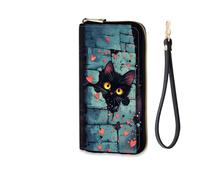 EFGWSDER Women's RFID Blocking Zip Around Wallet with Detachable Wrist Strap, Black Cat Love Heart, Wallet-A