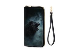 EFGWSDER Women's RFID Blocking Zip Around Wallet with Detachable Wrist Strap, Black Lion Roaring in Mist-7-101