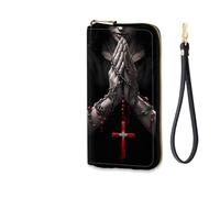 EFGWSDER Women's RFID Blocking Zip Around Wallet with Detachable Wrist Strap, Hands Praying Holding Cross, Wallet-A