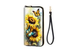 EFGWSDER Women's RFID Blocking Zip Around Wallet with Detachable Wrist Strap, Sunflower Butterfly, Wallet-A