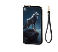 EFGWSDER Women's RFID Blocking Zip Around Wallet with Detachable Wrist Strap, Wolf Moon Night, Wallet-A