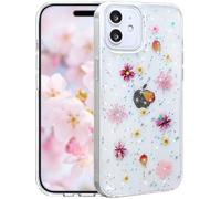 Efitoo for iPhone 12/12 Pro Case Clear Glitter with Flowers Design Real Dried Pressed Floral Cherry Blossom Sparkle Cute Soft Slim Aesthetic Shockproof Protective Girly Women Girls Phone Cover(Pink)