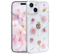 Efitoo for iPhone 13/14/15 Case Clear Glitter with Flowers Design Real Dried Pressed Floral Cherry Blossom Sparkle Cute Soft Slim Aesthetic Shockproof Protective Girly Women Girls Phone Cover (Pink)