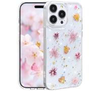Efitoo for iPhone 15 Pro Max Case Clear Glitter with Flowers Design Real Dried Pressed Floral Cherry Blossom Sparkle Cute Soft Slim Aesthetic Shockproof Protective Girly Women Girls Phone Cover (Pink)