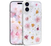 Efitoo for iPhone 16 Case Clear Glitter with Flowers Design Real Dried Pressed Floral Cherry Blossom Sparkle Cute Soft Slim Aesthetic Shockproof Protective Girly Women Girls Phone Cover (Pink)