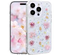 Efitoo for iPhone 16 Pro Case Clear Glitter with Flowers Design Real Dried Pressed Floral Cherry Blossom Sparkle Cute Soft Slim Aesthetic Shockproof Protective Girly Women Girls Phone Cover (Pink)