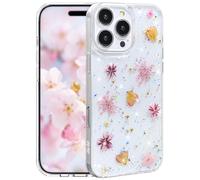 Efitoo for iPhone 16 Pro Max Case Clear Glitter with Flowers Design Real Dried Pressed Floral Cherry Blossom Sparkle Cute Soft Slim Aesthetic Shockproof Protective Girly Women Girls Phone Cover (Pink)