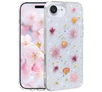 Efitoo for iPhone 16e Case Clear Glitter with Flowers Design Real Dried Pressed Floral Cherry Blossom Sparkle Cute Soft Slim Aesthetic Shockproof Protective Girly Women Girls Phone Cover (Pink)