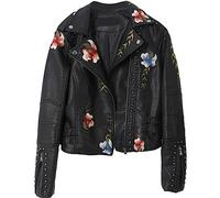 EFLAL Floral Print Leather Jacket,Embroidery Faux Soft Leather Jacket Coat Turndown Collar Pu Moto Biker Black Punk Outerwear,Black,L