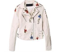 EFLAL Floral Print Leather Jacket,Embroidery Faux Soft Leather Jacket Coat Turndown Collar Pu Moto Biker Black Punk Outerwear,White,XL