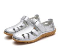 EFLALYHG Closed Toe Leather Sandals Women,Orthopedic Outdoor Walking Sandals Casual Hollow Out Summer Holiday Beach Easy Flat Shoes,Silver,9 UK