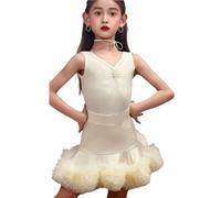 EFLALYHG Girl Sleeveless Latin Dance Dress Children Ballroom Big Swing Skirt for Salsa Rumba Cha Samba Tango Top Professional Outfit,Beige,110