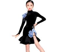 EFLALYHG Girls Latin Velvet Dress Long Sleeves Dance Outfit for Child Costume Dance Skirt Performance Ballroom Salsa Samba Rumba Tango Party Competition Outfit,Black,160