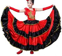 EFLALYHG Girls Spanish Flamenco Dress Spanish Bullfighting Dance Skirt Girl Long Flamenco Dress Ballroom competition Skirt,360°,110