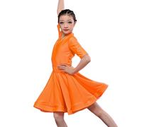 EFLALYHG Orange,130, Girl Latin Dance Dress, Polyester Middle Sleeve Latin Salsa Ballroom Dance Competition Costume Dance Show Costume