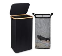 efluky 100L Laundry Basket with Lid, Washing Baskets Large Tall Laundry Hamper with Bamboo Handles & Inner Bag for Clothes Storage Organizer, Foldable Laundry Bin for Bedroom (Black,100L)