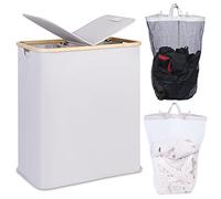 efluky 140L Laundry Baskets with Lid 2 Compartments, Large Laundry Hamper, Double Laundry Basket Laundry Storage with 2 Removable Bags, Light Grey