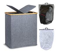 efluky 140L Laundry Baskets with Lid 2 Compartments, Large Laundry Hamper, Double Laundry Basket Laundry Storage with 2 Removable Bags, Blue Grey