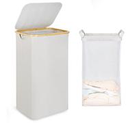 efluky Large Laundry Basket with Lid, 100L Tall Laundry Basket with Bamboo Handles for Clothes and Toys Storage, Freestanding Collapsible Laundry Hamper with Inner Bag for Bedroom and Bathroom, Beige