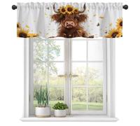 Eflxamz Curtain Valances,Cute Highland Cow and Sunflowers Semi Sheer Kitchen Windows Valances, Rod Pocket Short Window Treatment Light Filtering Decor Valances for Kitchen Bedroom Windows - 54"x18"