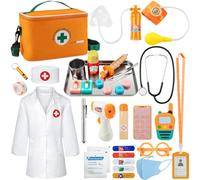 EFO SHM Doctors Set for Kids, Wooden 34-piece Kids Doctors Kit, with Real Stethoscope Portable Doctors Bag and Wooden Syringe, Role Play Toys for 3 4 5 6 Year Old Girls and Boys