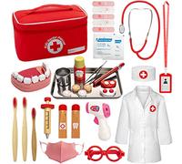 EFO SHM Role Play Toys Kids Doctors Set Wooden Dentist Medical Playset Dress Up Toys in Carry Case with Real Stethoscope, Doctor's Coat for Boys Girls