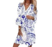 EFOFEI Lady Casual Resort Mini Dresses V-Neck Printed Dresses Lace Trim Bell Sleeve Dress White Blue Flower L