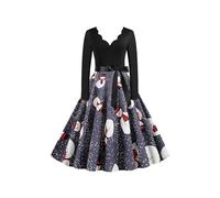 EFOFEI Lady Christmas Dresses Women's Vintage Long Sleeve High Waisted Christmas Dress with Belt Cocktail A-Line Printed Party Swing Dress Grey L