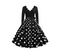 EFOFEI Lady's 1950s Retro Vintage Cocktail Dresses Long Sleeve Casual Evening Dress Point Party V Neck Dress BLK XS