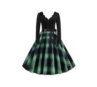 EFOFEI Lady's A Line Rockabilly Empire Waist Cap Sleeve Dress - Polka Dot Bow Tie Green Blue L