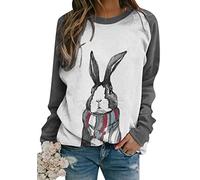 EFOFEI Lady's Easter Oversized Printed Sweater Funny Rabbit Pattern Shirt Easter Long Sleeve Color Block Shirt Grey Scarf M