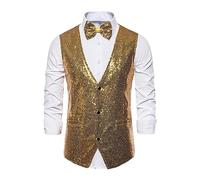 EFOFEI Men Sleeveless Prom Vest with Bow Tie Classic Wedding Party Prom Waistcoat Shiny Sequin Suit Vest Gold L