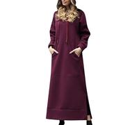 EFOFEI Women Casual Loose Sweatshirt Casual Plush Pullover Hooded Maxi Pullover Dress Wine Red XL