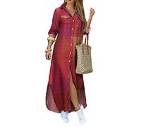 EFOFEI Women Chiffon Printing Shirt Maxi Dress Long Sleeves Check Dresse Loose Fit Blouse Dress Casual Floral Print Maxi Dresses Win Red XL