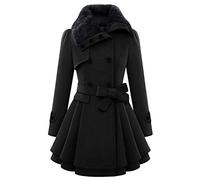 EFOFEI Women Coat Parka Breasted Faux Wool Blend Belt Trench Elegant Button Lapel Plain Outerwear BLK XS